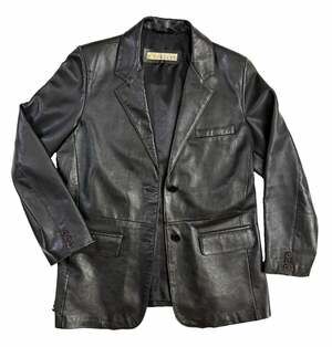 Excelled Womens Black Genuine Leather Button Front Lined Pocket Blazer Jacket 10